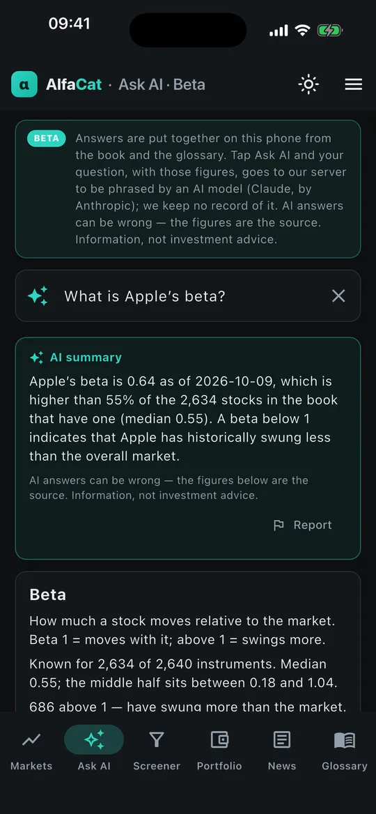 AlfaCat Ask AI: a summary of Apple’s beta with the figures under it