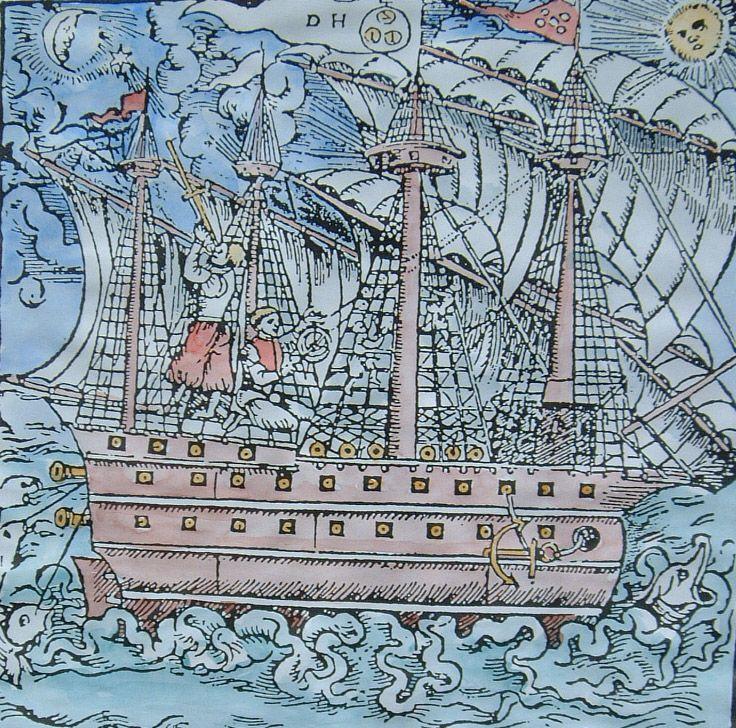 Pilot measuring the stars with a cross-staff aboard a carrack off Funchal, woodcut 1547