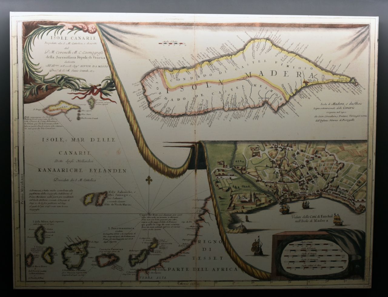 Coronelli's map of Madeira and the Canary Islands, Venice 1693, with a view of Funchal