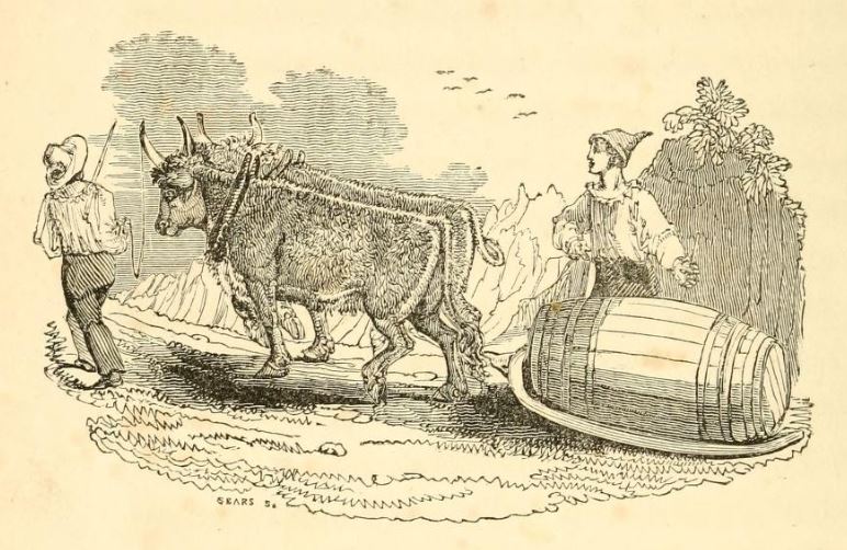 Peasants of Madeira conveying wine in goatskins, 1828 print