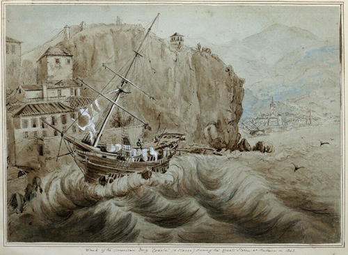 Brown-ink drawing of the brig Creole wrecked on the rocks at Madeira, 1842