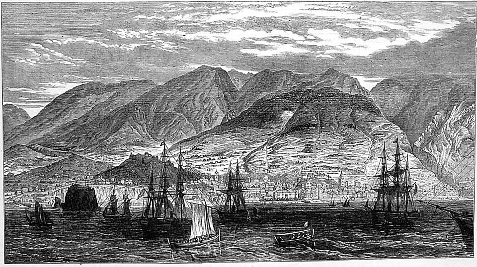 Engraving of the bay and town of Funchal with tall ships, Illustrated London News 1874