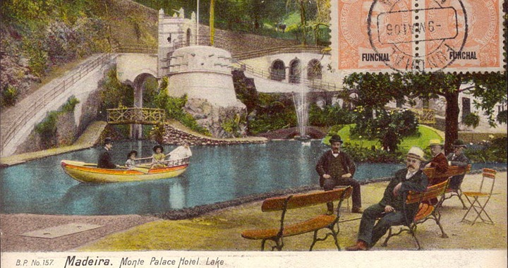 Boating on the lake of Monte Palace Hotel gardens, postcard circa 1905