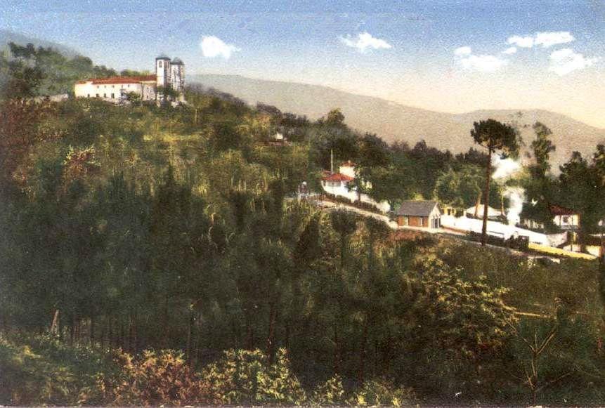 The Monte rack railway below the church, steam rising from a train, postcard circa 1910