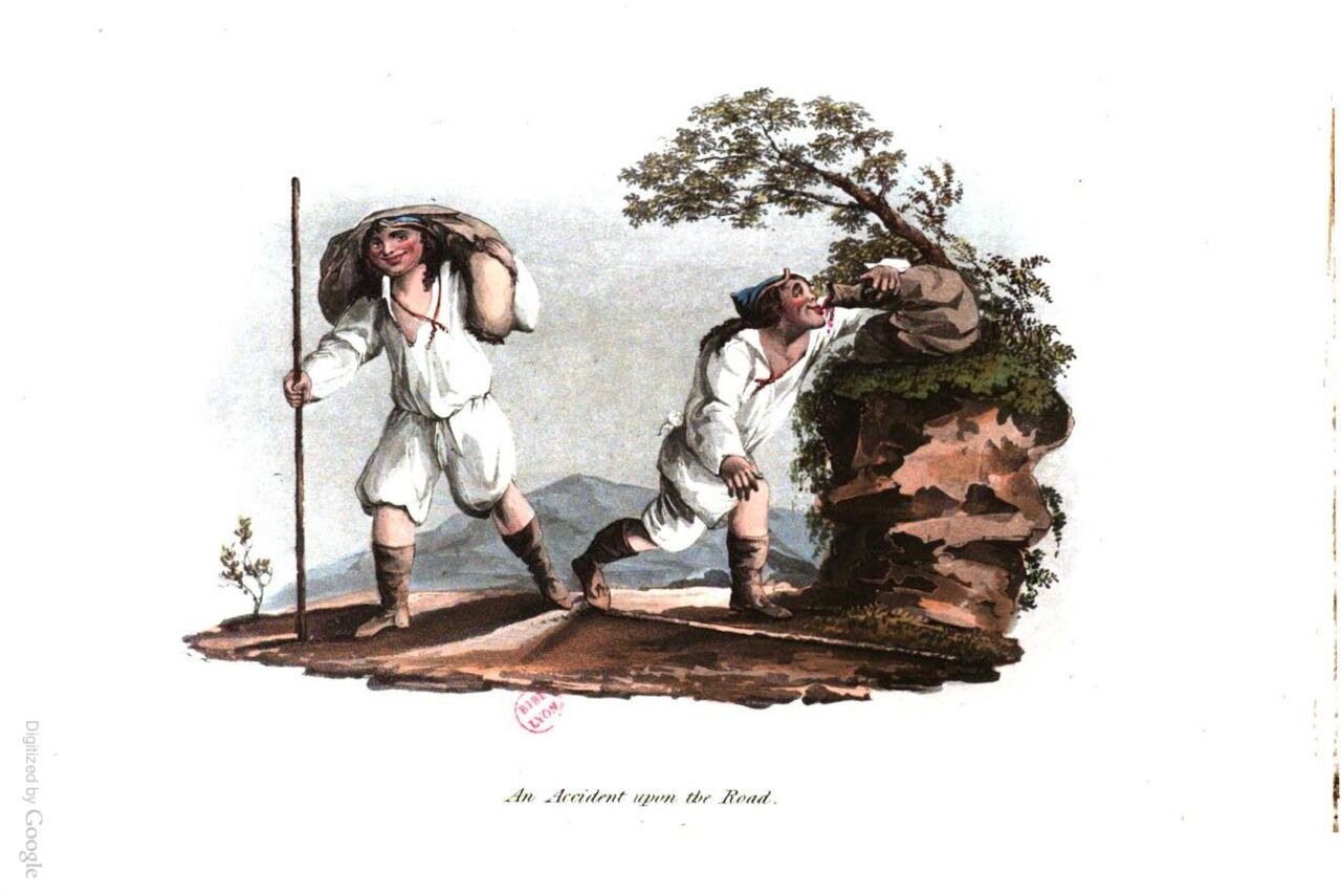 Hand-coloured 1821 plate of an arrieiro carrying a heavy load on a mountain path