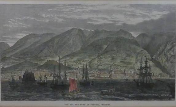 Hand-coloured steel engraving of Funchal bay with a red lateen-sailed boat among the fleet