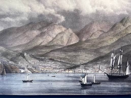 Colour lithograph of Funchal bay with sailing ships and mountains
