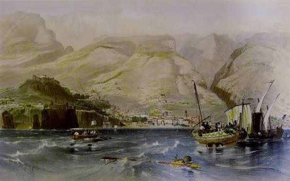 Watercolour of rowing boats landing through heavy surf at Funchal