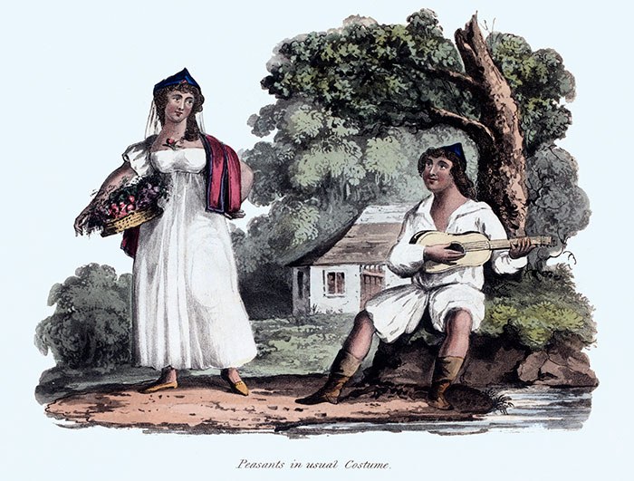 Hand-coloured 1821 plate: a woman with a basket and a man playing a machete under a tree