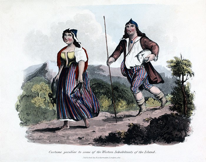 Hand-coloured 1821 plate of a couple in the costume of western Madeira