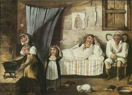 Hand-coloured 1821 plate showing the interior of a Madeiran cottage