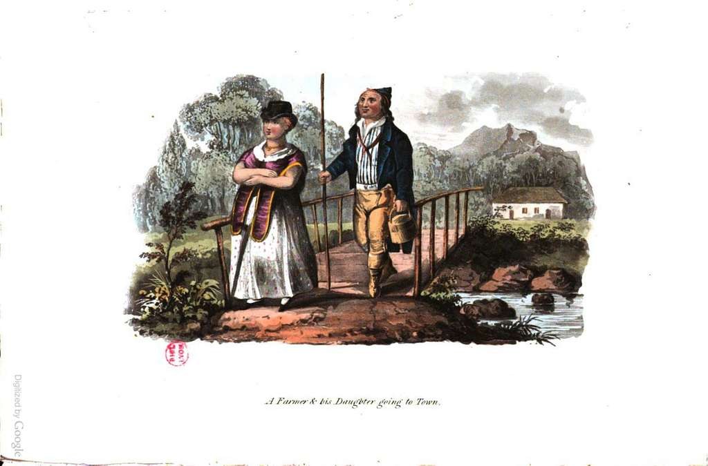 Hand-coloured 1821 plate: a farmer and his daughter on the way to town