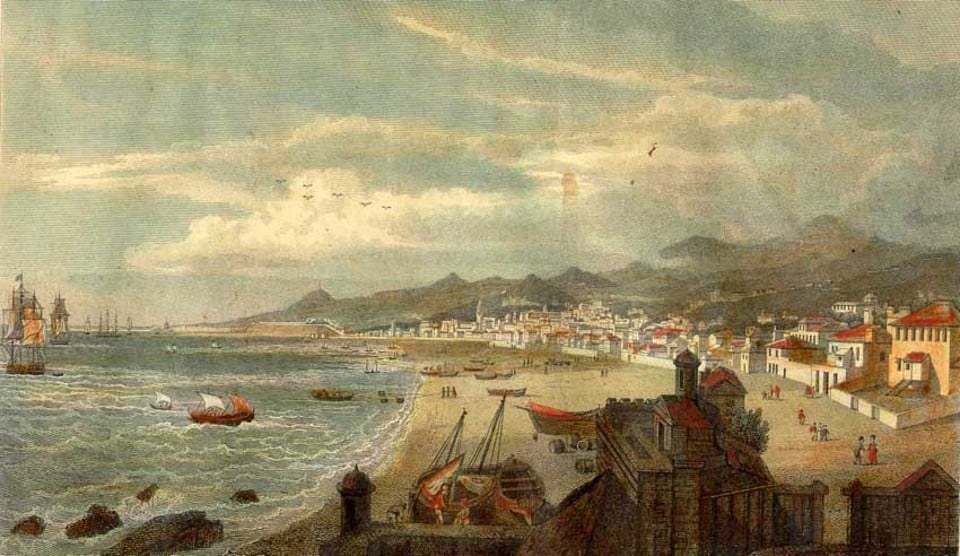 Hand-coloured aquatint of Funchal beach with seafront forts, boats and ships in the bay