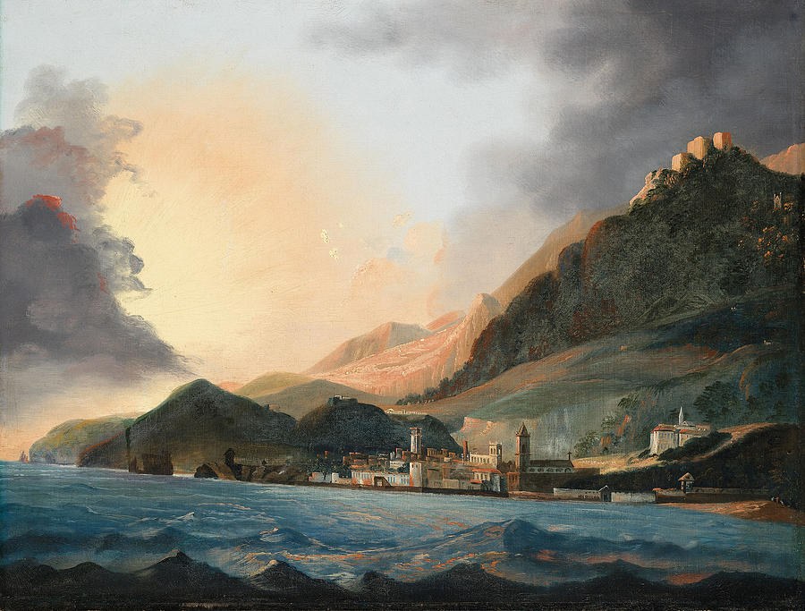 Romantic oil painting of Funchal seen from the sea at first light, fort on the headland