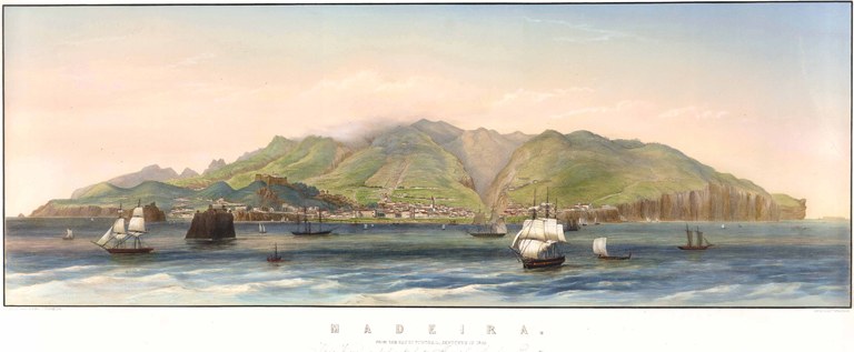 Colour lithograph of the island of Madeira seen from the sea with ships