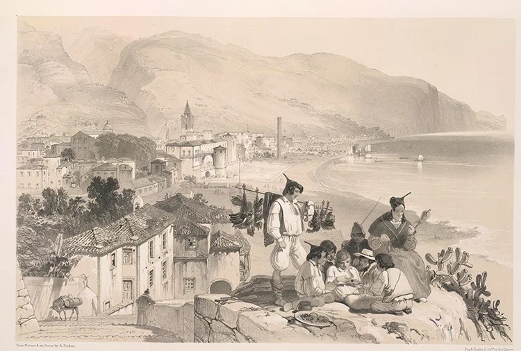 Lithograph of Funchal above the bay with a basket-seller and a family picnicking, Andrew Picken 1840