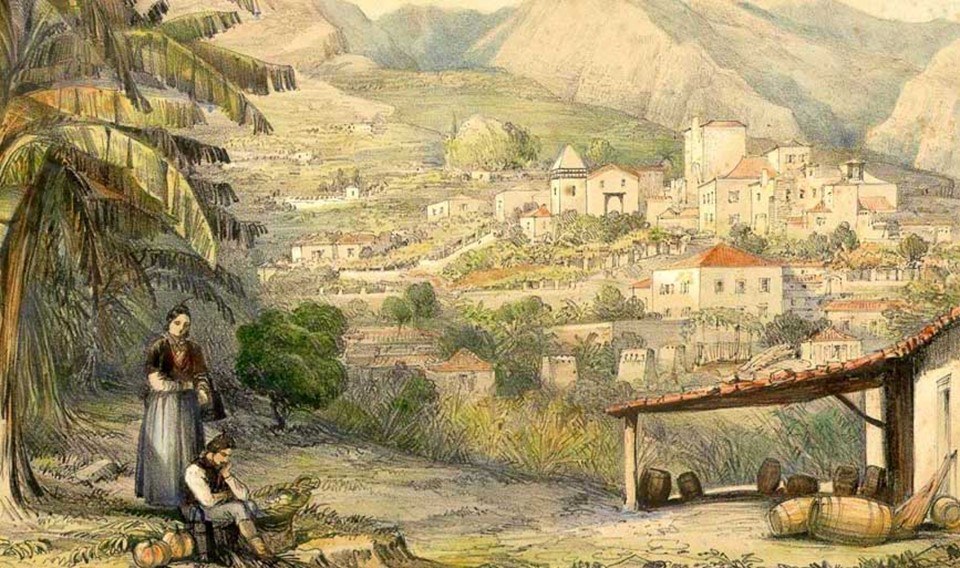 Watercolour of a Madeiran hillside village with terraces, church, banana, and wine casks under a lean-to