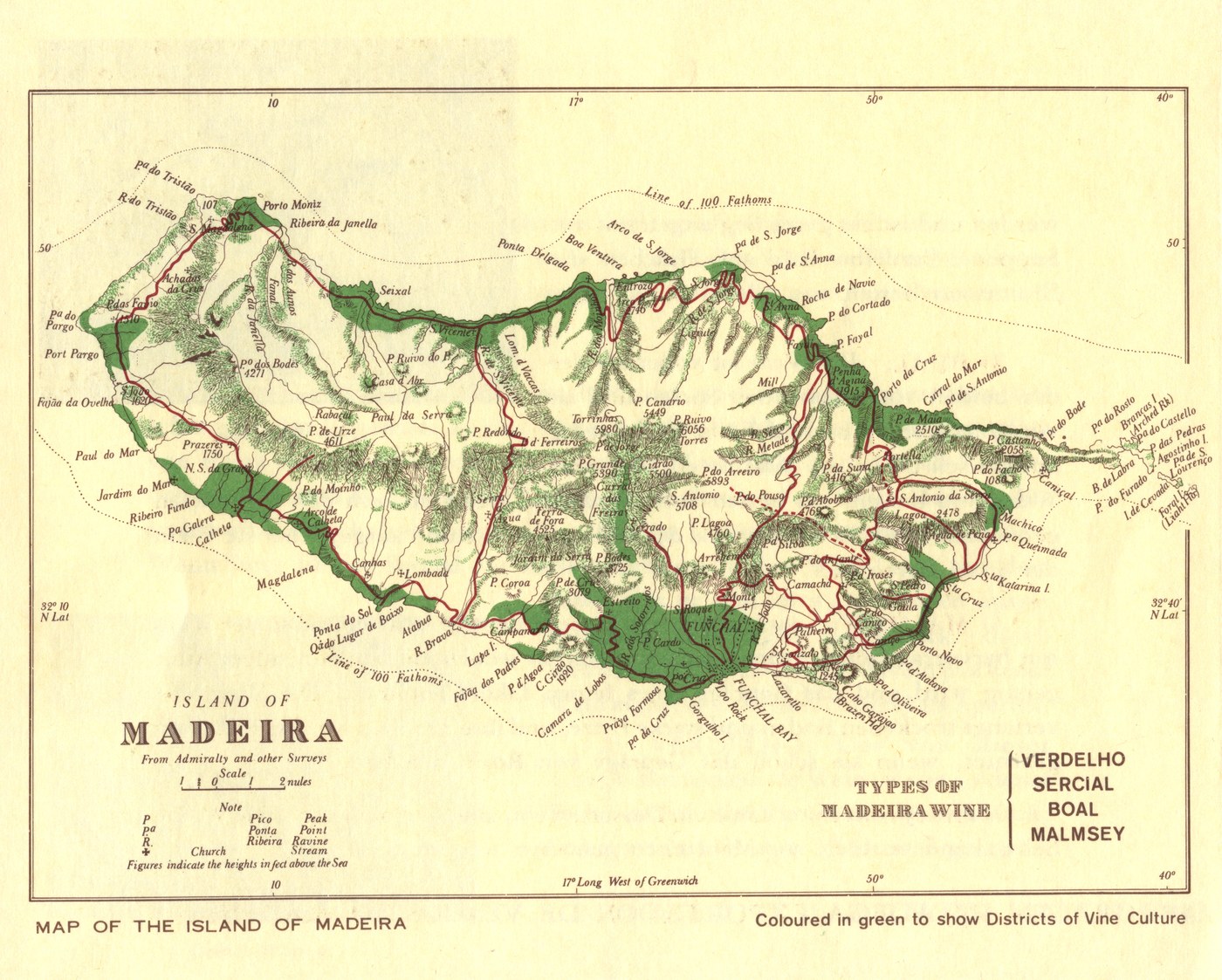19th-century map of Madeira coloured by wine district — Verdelho, Sercial, Boal, Malmsey