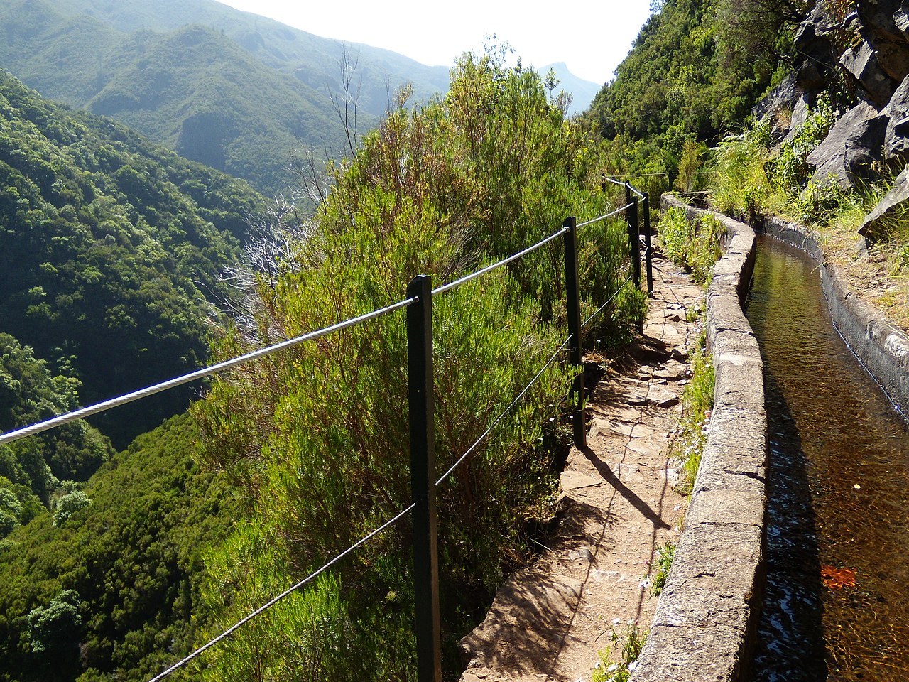 A modern levada walk — the water channel and its narrow footpath contour a green Madeiran valley